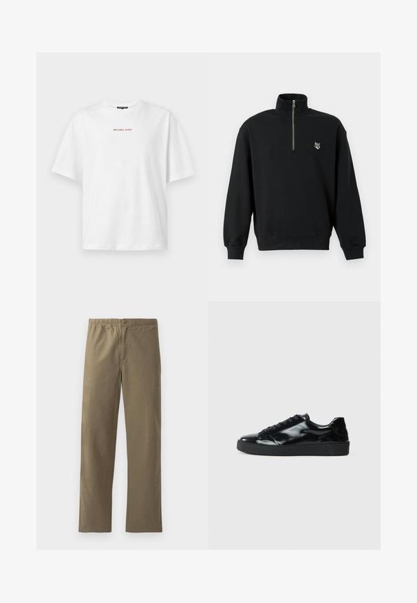 Zwarte sweatshirt met hoge kraag en korte rits. Bevat een klein wolfshoofd-embleem op de linkerborst. Gemaakt van zachte stof.; Wit T-shirt met korte mouwen en ronde hals, met kleine rode "MICHAEL KORS" tekst gecentreerd op de borst.; Khaki broek gemaakt van lichtgewicht stof. Heeft een elastische tailleband, een knoopsluiting, rechte pijpen en een soepele textuur.; Zwarte gepatenteerde leren sneakers met een ronde neus, vetersluiting, een gestructureerde rubberen zool en een glanzende afwerking.