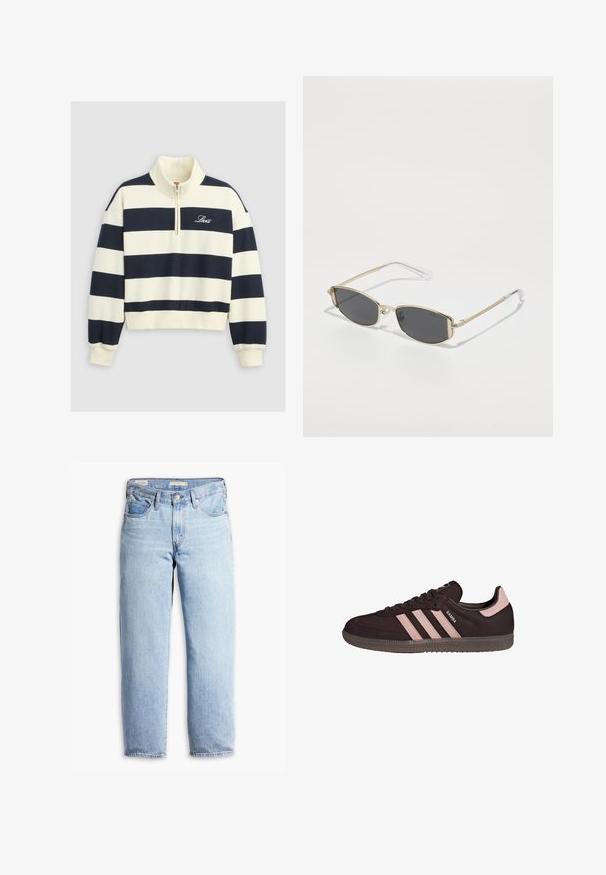 Sweat-shirt à demi-fermeture éclair avec larges rayures horizontales bleu marine et crème, poignets et ourlet côtelés, et "Levi's" brodé sur la poitrine.; Jeans en denim droit taille haute bleu clair avec passants de ceinture, bouton avant, fermeture éclair et cinq poches.; Baskets en daim noir avec trois bandes roses, bout rond, semelle en caoutchouc et col rembourré. Présente un logo embossé sur le côté et la languette.; Lunettes de soleil en métal doré avec une forme ovale, verres gris foncé et branches transparentes. Comprend des accents décoratifs sur la monture.