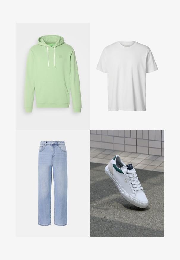 Mintgroene hoodie van zachte stof met een kangoeroezak, een capuchon met trekkoord en een klein logo detail op de borst.; Eenvoudig wit T-shirt met korte mouwen en ronde hals, losse pasvorm en zonder zichtbare logo's of ontwerpen aan de voorkant.; Lichtblauwe denim jeans met een ontspannen, wijde pasvorm. Kenmerken zijn onder andere vijf zakken, een sluiting met een knoop aan de voorkant en subtiele vervaging.; Witte leren sneakers met groene en beige accenten, met een gestructureerde zool, ronde neus en traditionele vetersluiting.