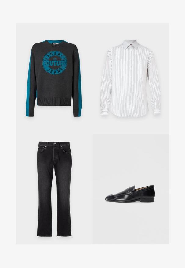 Uhlíkovo šedý pletený sveter s tyrkysovými pruhmi na rukávoch a centrálnym kruhovým logom s nápisom "Versace Jeans Couture 1988."; Biela košeľa s dlhým rukávom s tenkými zvislými sivými pruhmi, zapínanie na gombíky vpredu, špicatý golier a vyšívané logo na hrudi.; Čierne džínsy s rovnými nohavicami, s stredne vysokým pásom, prednými vreckami a klasickým zapínaním na gombíky.; Čierne kožené loafre s hladkým povrchom, špicatou špičkou a diskrétnym prešívaním. Obsahujú plochý podpätok a embosované logo na boku.