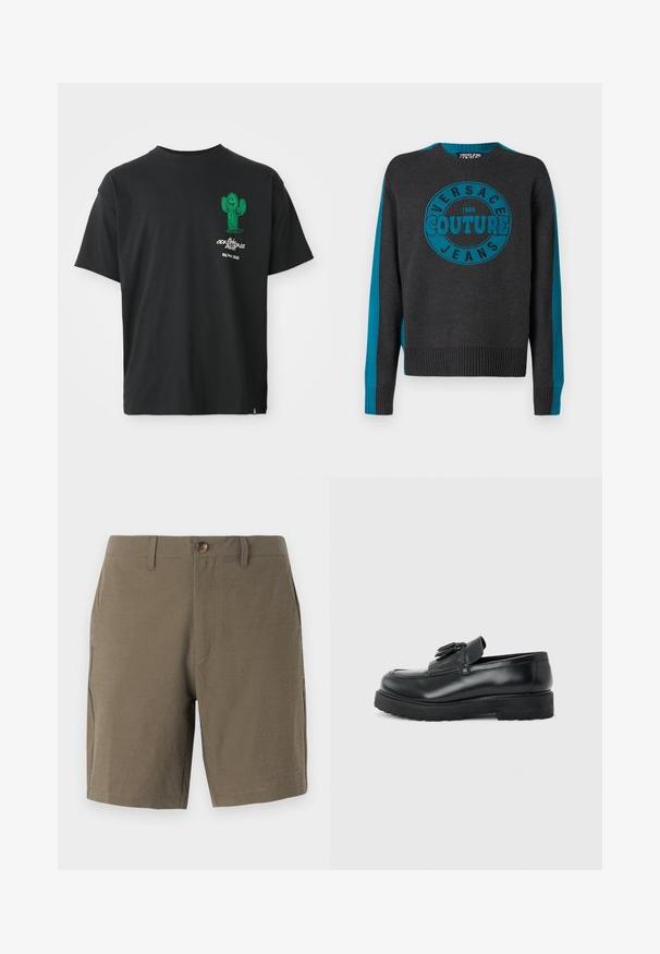 Harmaa hiilenvärinen neulepaita, jossa on turkoosit raidat hihoissa ja keskellä pyöreä logo, johon on kirjoitettu "Versace Jeans Couture 1988."; Musta lyhythihainen t-paita, jossa on vihreä sarjakuvakaktus ja valkoinen teksti "Conditions Gear Big Bend, Texas" vasemmassa rintapielessä.; Oliivinvihreät shortsit, jotka on valmistettu teksturoidusta kankaasta. Shortseissa on napitus etupuolella ja litteä etuosa, sekä sivutaskut toiminnallisuutta varten.; Musta nahkainen loafer-nilkkuri tupsuilla, paksulla kumipohjalla ja matalalla korolla, esitetty sivuprofiilista yksinkertaisella taustalla.