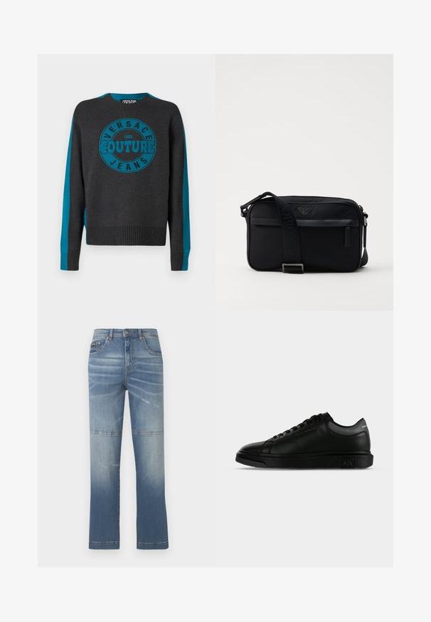 Knitpulli in Graphitgrau mit türkisfarbenen Streifen an den Ärmeln und einem zentralen runden Logo, das "Versace Jeans Couture 1988" liest.; Helle blaue Jeans mit geradem Schnitt, die verblassene Stellen, Nähdetails und einen mittelhohen Bund aufweisen. Sie verfügen über Vorderaschen.; Schwarzer niedriger Ledersneaker mit Schnürung vorne, dezentem Branding an der Seite und Ferse sowie dicker Gummisohle vor hellem, schlichten Hintergrund.; Schwarze Nylon-Schultertasche mit einem kontrastierenden Riemen, schlanker rechteckiger Form, Logo-Detail und einer Reißverschlusstasche auf der Vorderseite.