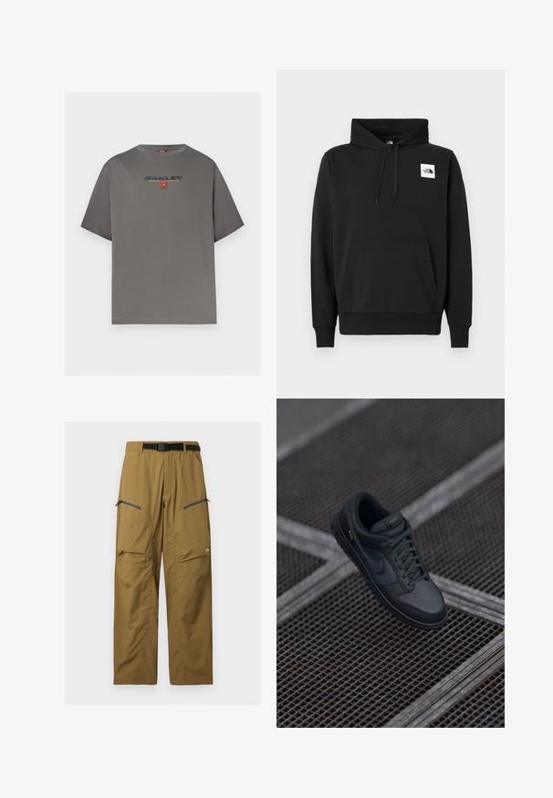 Sweat à capuche noir en mélange de coton, avec une poche kangourou à l'avant, une capuche avec cordon de serrage et un petit logo blanc sur la poitrine.; T-shirt gris à manches courtes avec le logo "OAKLEY" et un petit graphisme rouge centré sur la poitrine, présenté sur un fond blanc uni.; Pantalon de plein air kaki avec ceinture noire réglable, deux poches zippées sur les cuisses et coutures au niveau des genoux, présenté sur un fond uni.; Baskets Nike en cuir noir avec un bout arrondi, un empeigne perforée et une semelle en caoutchouc texturée. Comprend des lacets et un branding subtil.