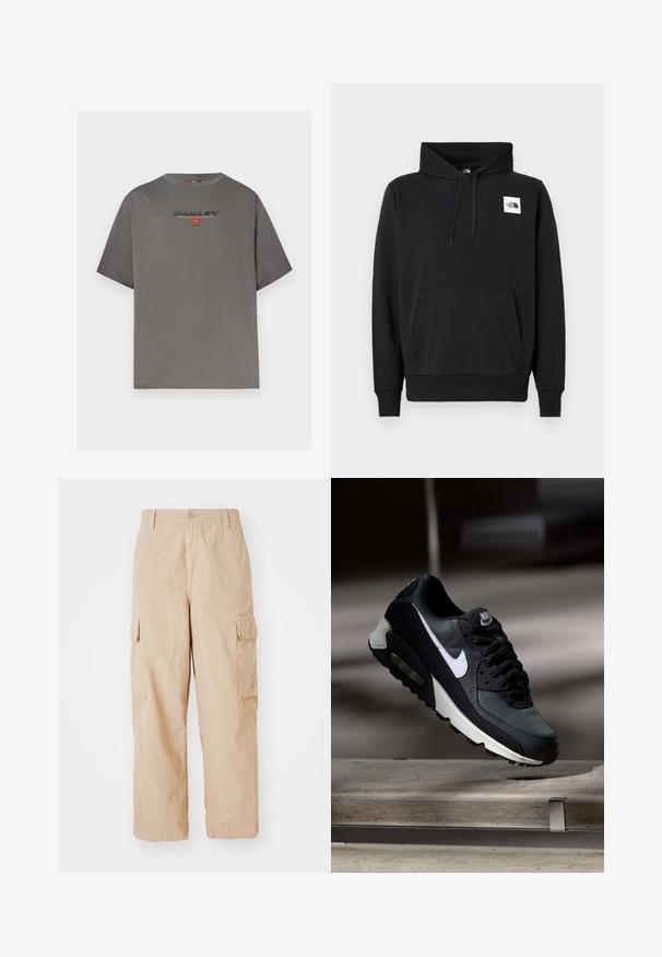 Sweat à capuche noir en mélange de coton, avec une poche kangourou à l'avant, une capuche avec cordon de serrage et un petit logo blanc sur la poitrine.; T-shirt gris à manches courtes avec le logo "OAKLEY" et un petit graphisme rouge centré sur la poitrine, présenté sur un fond blanc uni.; Pantalons cargo beige avec une coupe décontractée, fabriqués en tissu léger, dotés de deux poches cargo latérales et d'une fermeture à bouton à la taille.; Baskets Nike Air Max noires et grises avec un logo blanc, suspendues au-dessus d'une surface en béton sur un fond sombre flou.