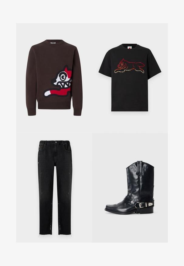 Suéter marrón de manga larga con una gran cara de perro caricaturesco abstracto en rojo, blanco y negro en el lado derecho delantero.; Camiseta negra de algodón con un patrón de pedrería en tonos rojo y naranja que muestra un diseño de gato saltando en la parte frontal. Manga corta, cuello redondo.; Vaqueros negros de denim con cinturilla elástica, corte recto, detalles desgastados y dobladillo desflecado. Presenta bolsillos y cierre con botón.; Bota de vaquero de cuero negro con punta afilada, caña alta, costuras decorativas y herrajes de hebilla plateada en la correa. Acabado texturizado.
