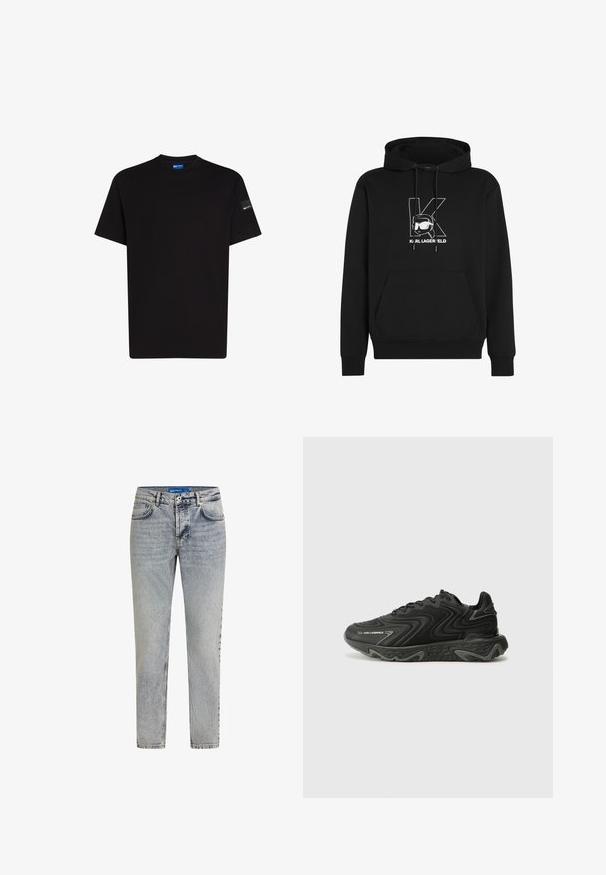 Schwarzer Kapuzenpullover mit einer vorderen Kängurutasche, Kordelzügen und einem weißen Grafiklogo mit stilisiertem Text und einer Illustration.; Schwarzes Baumwoll-T-Shirt mit kurzen Ärmeln, Rundhalsausschnitt und einem kleinen Etikettakzent auf dem linken Ärmelsaum. Angenehme Textur, normale Passform.; Hellblaue Jeans aus Denim mit geradem Bein, mit ausgewaschenen Details, fünf Taschen und einem Knopfverschluss am Bund.; Schwarze Sneaker mit einer wellenförmigen Textur und grauen Akzenten. Sie besitzen ein Schnürdesign und eine klobige, skulptierte Sohle. Die Markenkennzeichnung ist an der Seite sichtbar.