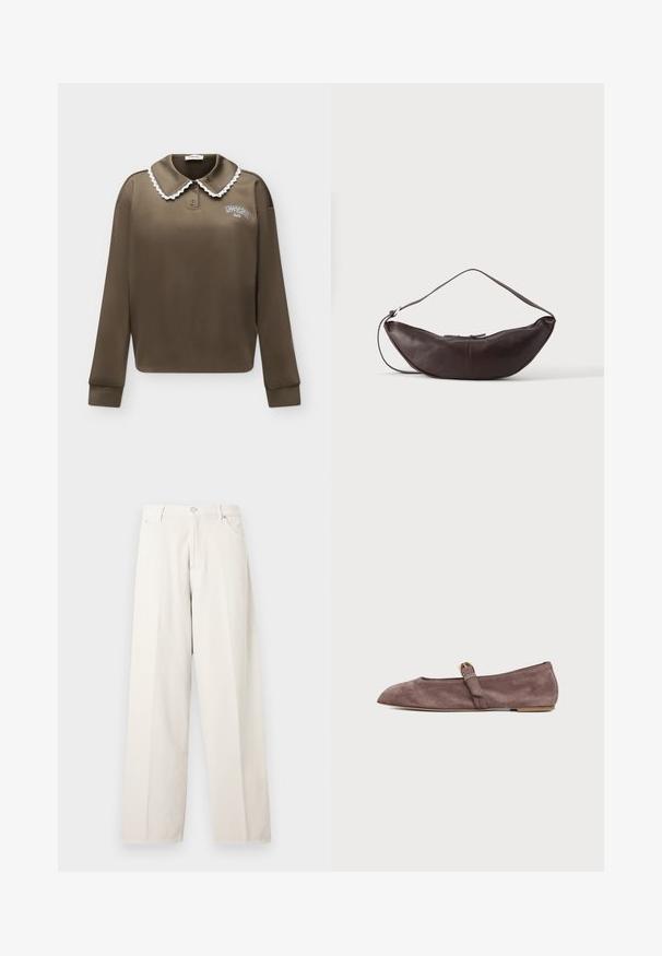 Polo marron à manches longues avec bordure en dentelle blanche sur le col et petit texte blanc sur la poitrine gauche indiquant « "MODSTRÖM" ».; Pantalon ample couleur blanc cassé avec passants de ceinture, bouton à l'avant, fermeture éclair et poches latérales, présenté sur un fond clair uni.; Chaussure plate Mary Jane en daim marron avec un bout pointu et une petite bride à boucle dorée sur fond blanc.; Sac d'épaule en cuir marron foncé en forme de croissant avec une lanière courbée et des coutures visibles sur fond uni.