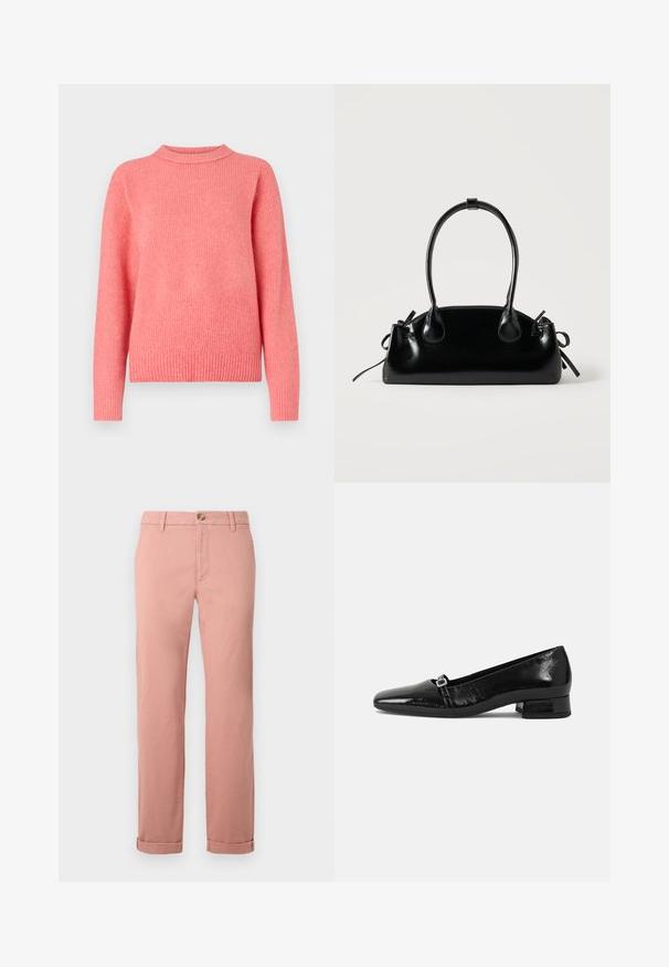 American Eagle CLASSIC CREW SHAKER - Trui - coral; Lichtroze chinos van katoen met rechte pijpen, voorzien van een voorste knoopsluiting, riemlussen en opgerolde mouwen. Soepele textuur.; Zwarte laarzen van gepatenteerd leer met een puntige neus, een lage vierkante hak en een kleine metalen gespdetail op de band. Gladde textuur.; Kleine zwarte glanzende handtas met twee lange hengsels en zijkant trekkoord details op een effen lichte achtergrond.