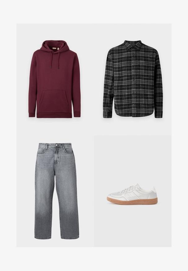 Burgunderfarbener Kapuzenpullover aus weichem Stoff, mit einer vorderen Tasche und Kordeln mit schwarzen Spitzen; gerippte Bündchen und Saum.; Schwarz-graues karierte Flanellhemd mit durchgängigem Knopfverschluss, Kragen und langen Ärmeln; weiche Textur und abgerundeter Saum.; Graue Denim-Jeans im weiten Schnitt mit hoher Taille, Fünf-Taschen-Design und Metallverschluss. Der Stoff zeigt leichte Ausbleichungen nahe dem Saum.; Silberne Sneakers mit glatter Textur, Schnürdesign, durchbrochenen Akzenten und einer strukturierten braunen Gummisohle.