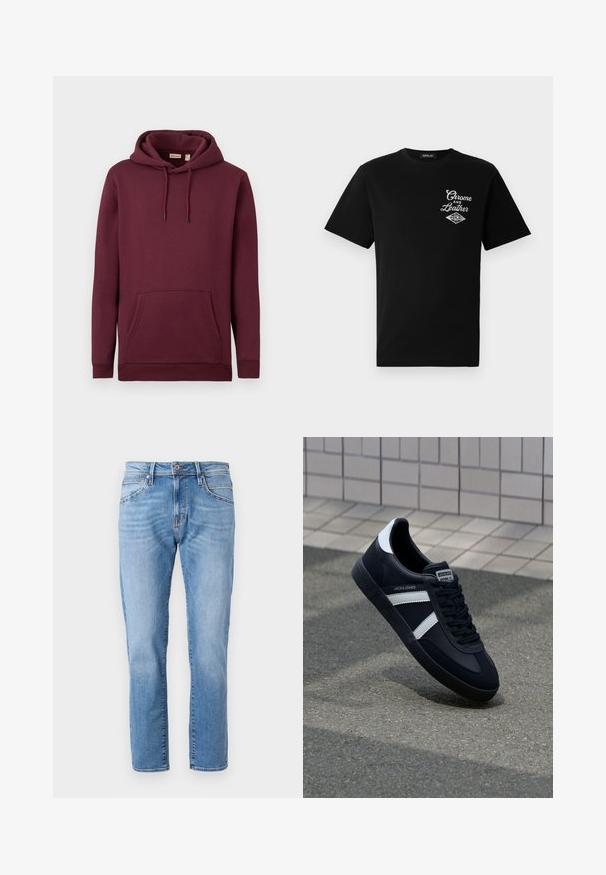 Bordeaux kleurige hoodie gemaakt van zachte stof, met een voorzak en trekkoord met zwarte uiteinden; geribbelde manchetten en zoom.; Zwarte katoenen t-shirt met korte mouwen, voorzien van een witte "Chrome and Leather" grafiek op de linkerkant van de borst en de merknaam "REPLAY."; Lichtblauwe denim jeans met een recht model, klassieke vijf-pocketdesign, subtiele vervaging en een contrasterende knoopsluiting bij de taille.; Zwarte leren sneaker met witte strepen, een gestructureerde rubberen zool en vetersluiting aan de voorkant. Voorzien van een merklabel op de tong.