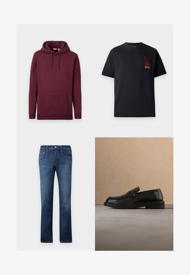 Burgunderfarbener Kapuzenpullover aus weichem Stoff, mit einer vorderen Tasche und Kordeln mit schwarzen Spitzen; gerippte Bündchen und Saum.; Schwarzes Baumwoll-T-Shirt mit kurzen Ärmeln, Rundhalsausschnitt und einem roten Grafiklogo eines Kaninchens mit dem Text "AC/DC" auf der Brust.; Blaue Denim-Jeans mit geradem Schnitt, ausgestattet mit Fronttaschen, einem Reißverschluss und einem Knopfverschluss. Mittlere Waschung mit subtilen Ausbleichungen.; Schwarzer Lederschuh ohne Schnürsenkel schwebt über einem beigen gewebten Teppich, im Hintergrund ein runder Holztisch und ein Sofa.