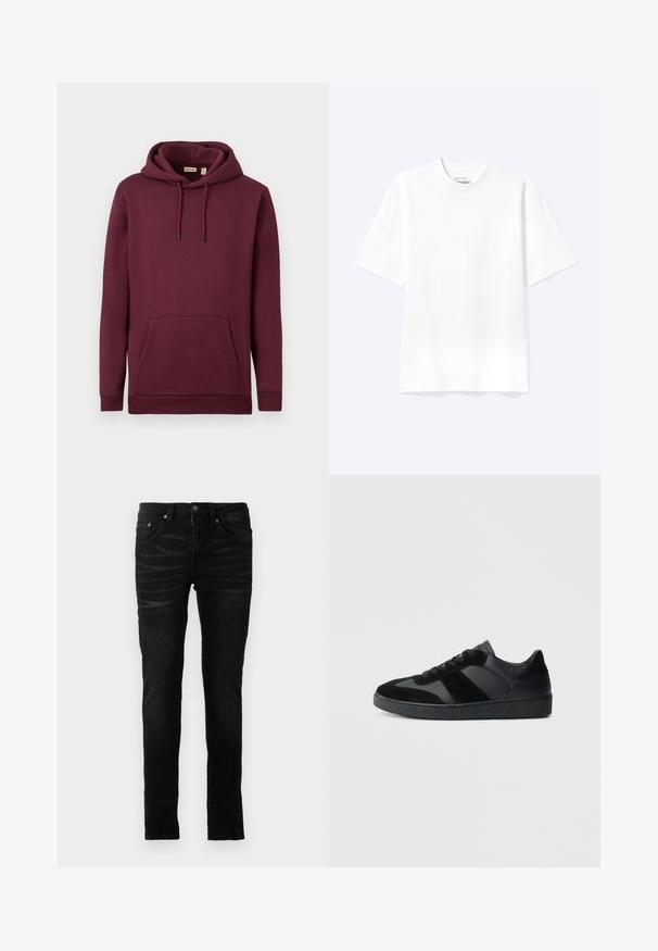 Sudadera con capucha burdeos hecha de una tela suave, con un bolsillo frontal y cordones con puntas negras; puños y dobladillo de canalé.; Camiseta lisa blanca de manga corta y cuello redondo con un corte relajado, mostrada sobre un fondo claro.; Jeans negros ajustados con una textura de denim suave, diseño tradicional de cinco bolsillos, cierre con cremallera y detalles de desvanecimiento sutil en la tela.; Zapatillas negras que combinan cuero liso y ante, con una suela de goma negra texturizada y un sutil detalle de rayas.