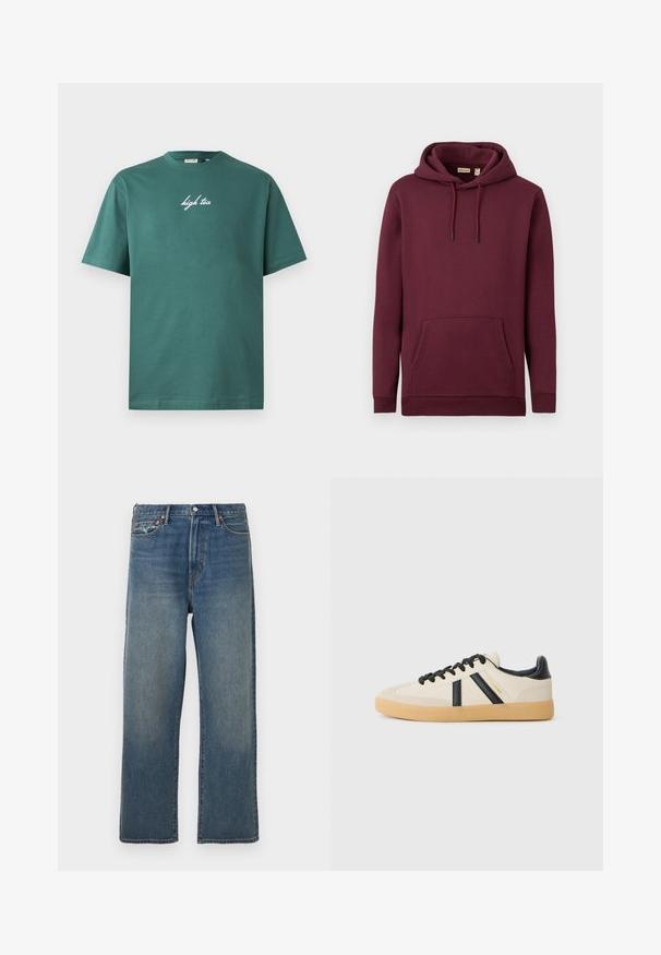 Bordeaux hættetrøje lavet af blødt stof, med en frontlomme og snore med sorte spidser; ribbede manchetter og kant.; Grøn bomuld T-shirt med rund hals og korte ærmer. Har hvid, kursiv tekst "high tea" på forsiden. Enkel design, ingen mønstre.; Blå denim jeans med lige ben, let fading, fem-lommers design, bæltestropper og knaplukning foran.; Casual sneakers i creme med sorte striber, med en tekstureret overdel og sål i gummigummi. Snørebåndene er sorte. Diskret logo på siden.