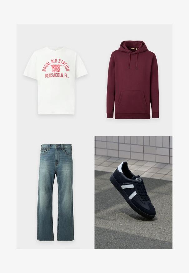 Bordeaux hættetrøje lavet af blødt stof, med en frontlomme og snore med sorte spidser; ribbede manchetter og kant.; Hvid T-shirt med korte ærmer med rød tekst "NAVAL AIR STATION PENSACOLA, FL." og et ørneemblem i midten foran.; Lysblå denim jeans med lige ben, let falmet, fem lommer og bæltestropper. Har stikninger som accent og knaplukning.; Sort lædersneaker med hvide striber, tekstureret gummisål og snørrebånd foran. Har et brandet mærke på tungen.