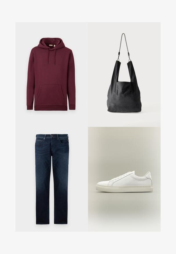 Burgunderfarbener Kapuzenpullover aus weichem Stoff, mit einer vorderen Tasche und Kordeln mit schwarzen Spitzen; gerippte Bündchen und Saum.; Dunkelblaue Jeans aus Denim mit geradem Bein, fünf Taschenstil und sichtbarem Knopfverschluss an der Taille. Glatte Textur.; Weißer Sneaker mit niedrigem Schaft, vorn mit Schnürung und dicker Sohle, aus der Seitenansicht vor neutralem Hintergrund.; Schwarze weiche Stofftragetasche mit breiten Griffen und einem dünnen schwarz-weißen geflochtenen Schulterriemen.