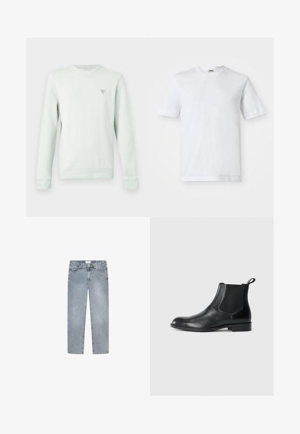 Hellgrüner Pullover mit langen Ärmeln, rundem Ausschnitt und einem kleinen dreieckigen Logo auf der Brust. Weicher Stoff und gerippte Bündchen.; Weißes Baumwoll-T-Shirt mit kurzen Ärmeln, Rundhalsausschnitt und glatter Textur. Keine Muster oder Akzente sind sichtbar.; Hellblaue Jeans aus Denim mit geradem Schnitt, Fünf-Taschen-Design, Knopfverschluss, dezentem Verblassen und gestickten Details entlang der Taschen.; Schwarze Leder-Stiefelette mit elastischen Seiteneinsätzen, abgerundeter Zehenpartie und einem Zugschlauf. Glatte Textur, flache Sohle, minimalistisches Design.