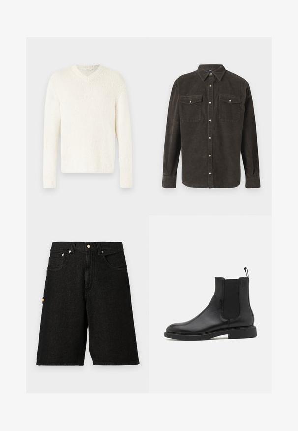 V-Ausschnitt-Pullover in Off-White, strukturierter Strick. Lange Ärmel, lockere Passform sowie gerippte Bündchen und Saum. Schlichtes Design ohne zusätzliche Verzierungen.; Braunes Cordhemd mit Button-Down-Kragen, langen Ärmeln, zwei Brusttaschen und silberner Hardware. Mit strukturierten vertikalen Streifen.; Schwarze Denim-Shorts mit einem klassischen Fünf-Taschen-Design, silbernem Metallzubehör und einem dezenten orangen Akzent an der Seitentasche.; Schwarze Leder-Ankle-Boots mit glatter Textur, elastischen Seitenpaneelen und einer Zuglasche. Runde Zehenpartie und flache Gummisohle mit minimalem Profil.