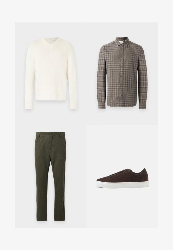 Pull-over en V en blanc cassé, tricot texturé. Manches longues, coupe décontractée, et poignets et ourlet côtelés. Design simple sans embellissements supplémentaires.; Chemise à manches longues avec boutonnières, dans un motif tartan marron et gris, dotée d'un col classique et de fermetures à boutons sur le devant.; Pantalons chino droits de couleur vert olive foncé avec fermeture à bouton et zip à l'avant, poches latérales et petites poches avant inclinées.; Baskets basses en daim marron foncé avec des lacets assortis et une semelle blanche épaisse en caoutchouc, présentées de profil sur un fond uni.