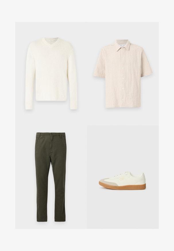 V-Ausschnitt-Pullover in Off-White, strukturierter Strick. Lange Ärmel, lockere Passform sowie gerippte Bündchen und Saum. Schlichtes Design ohne zusätzliche Verzierungen.; Kurzärmliges, hellbeiges Hemd mit einem Gittermuster in sanftem Braun, knopfbarem Design und klassischem Kragen. Glatte Stofftextur.; Gerade geschnittene Chino-Hosen in dunkelolivgrün mit vorderem Knopf- und Reißverschluss, seitlichen und kleinen schrägen Vordertaschen.; Sneaker aus weißem Leder mit einer beigen Zehenkappe und leichter brauner Gummisohle. Verfügt über flache weiße Schnürsenkel und geprägtes Branding an der Seite.