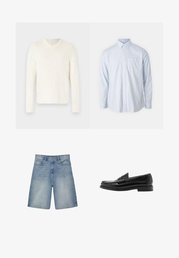 V-hals sweater i off-white, struktureret strik. Lange ærmer, afslappet pasform og ribkant ved ærmer og bund. Enkel design uden yderligere udsmykninger.; Lyseblå stribet skjorte i en knap-op design, forsynet med krave, lange ærmer og en enkelt brystlomme. Lavet af bomuldsstof med en glat tekstur.; Lyseblå denimshorts med en lige pasform har fem lommer, en lynlås, og en let falmet tekstur.; Sort læder penny loafer med syninger på moc-tåen, lav hæl og glat poleret finish, vist fra siden på en hvid baggrund.