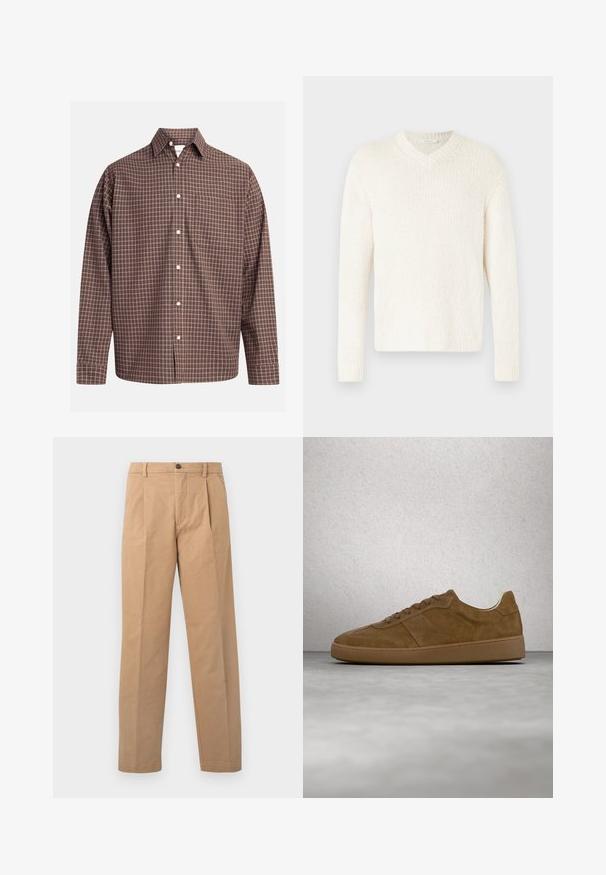 V-hals sweater i off-white, struktureret strik. Lange ærmer, afslappet pasform og ribkant ved ærmer og bund. Enkel design uden yderligere udsmykninger.; Brunternetternet knap-up skjorte med lange ærmer, med en brystlomme og hvide knapper på et struktureret stof.; Khaki bukser med lige ben-design, lavet af bomuldsstof; har en enkelt knaplukning og to frontfolder.; Brun ruskindsneaker med tanfarvede snørebånd og gummisål. Har en rundet snude og synlige stikninger på overdelen. Letvægtsdesign.