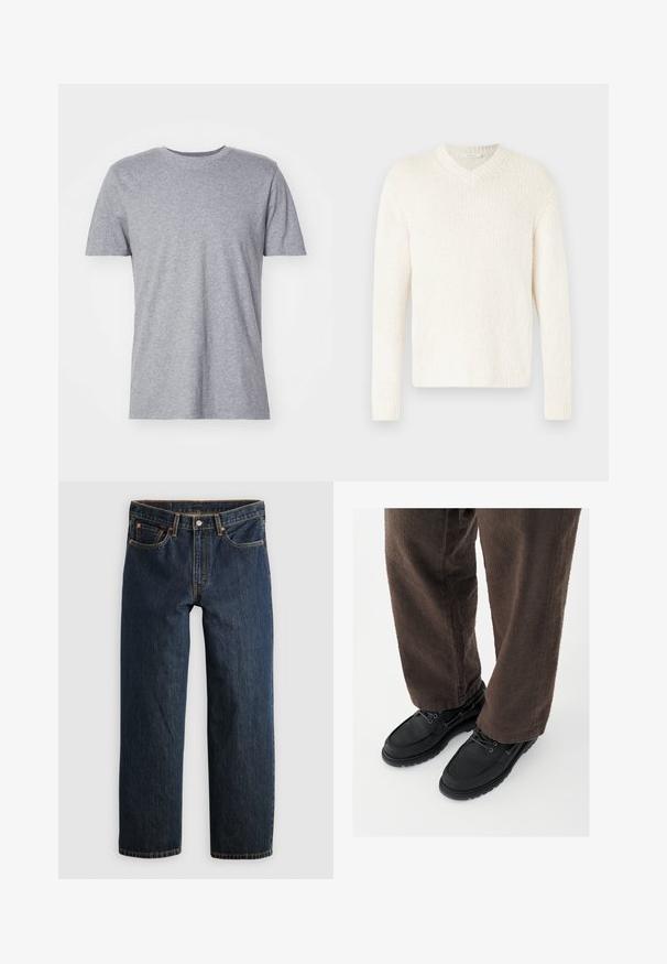V-hals sweater i off-white, struktureret strik. Lange ærmer, afslappet pasform og ribkant ved ærmer og bund. Enkel design uden yderligere udsmykninger.; Grå, kortærmet t-shirt lavet af en bomuldsblanding, der har en klassisk crew neckline og en glat, blød tekstur.; Mørkeblå denimjeans med en lige ben-snit. Har fem lommer, kontrastsyning og knaplukning i taljen.; Sorte lædersko med glat finish, rundet tå og snøredesign, kombineret med teksturerede brune bukser. Set fra gulvniveau.
