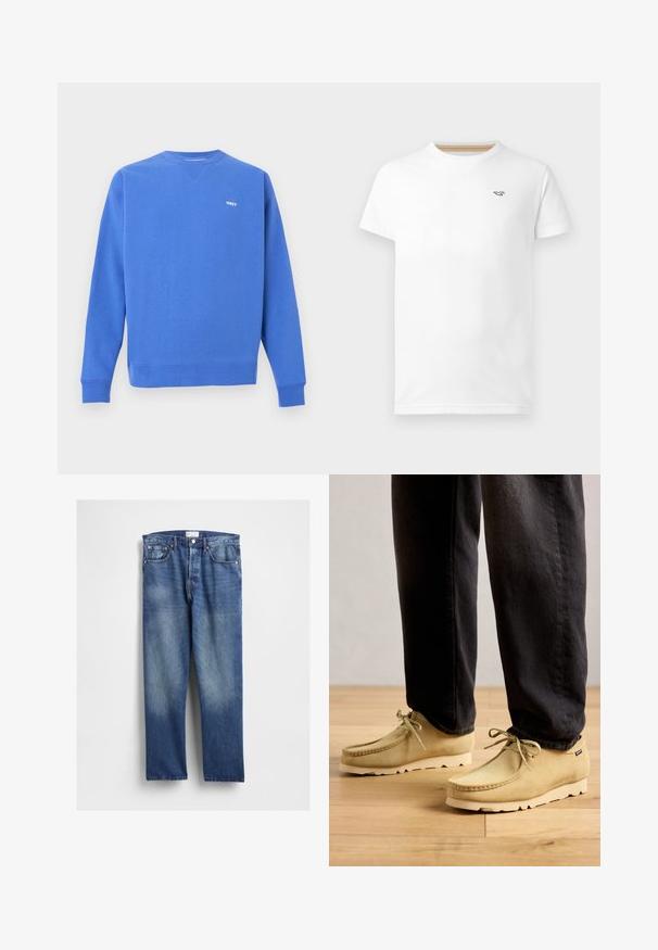 Blauer Sweatshirt aus Baumwollmischung mit gerippten Bündchen und Saum. Verfügt über ein kleines weißes "OBEY"-Logo auf der Brust. Rundhalsausschnitt.; Weißes T-Shirt mit kurzen Ärmeln und Rundhalsausschnitt mit kleinem schwarzem Vogel-Logo auf der linken Brust, abgebildet vor hellem Hintergrund.; Blaue Denim-Jeans mit geradem Bein, vorne ausgeblichen, klassischem Fünf-Taschen-Design und Metallnieten an den Taschen.; Beige Wildleder Schnürschuhe, die mit schwarzen Hosen auf einem Holzboden getragen werden und einen lässigen und bequemen Stil zeigen.