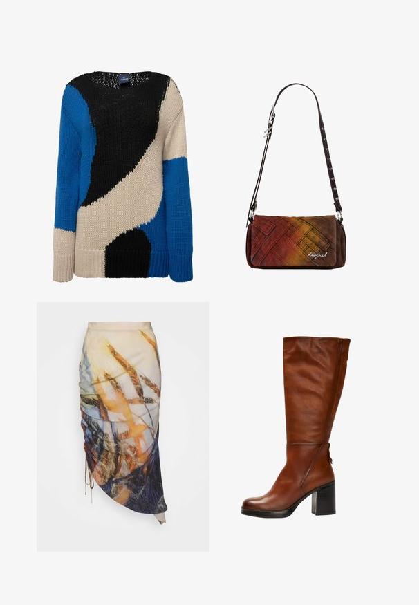 Strikket sweater med markante farvefelter i sort, blå og beige. Rund hals, lange ærmer og ribbede manchetter giver tekstur og varme.; Materiel DIAGONAL GATHERED SKIRT - Pencil skirt - golden hour; Brune læder knæhøje støvler med rund tå, chunky sort hæl og subtile syninger foran og bagpå.; Rektangulær crossbody-taske med justerbar mørkebrun rem, der har vævet teksturstof i rød, orange og brun gradient med lille logo.