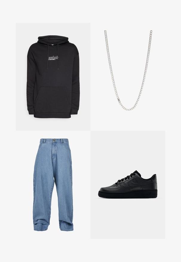 YOURTURN by Zalando REVERSED TEDDY BEAR RELAXED HOODIE UNISEX - Sweatshirt - black; Hellblaue Jeanshosen mit lockerem Schnitt, Knopfverschluss, frontalen Taschen und umgeschlagenem Saum, ausgestattet mit einem klassischen Fünf-Taschen-Design.; Schwarzer Nike Air Force 1 Schuh mit einem glatten Lederoberteil, perforierter Zehenpartie für Atmungsaktivität, schwarzen Schnürsenkeln und einer strukturierten Gummisohle.; Silberne Kettenhalskette mit ineinandergreifenden Gliedern, glatter Textur und einheitlicher rechteckiger Form. Sicherer Verschluss.