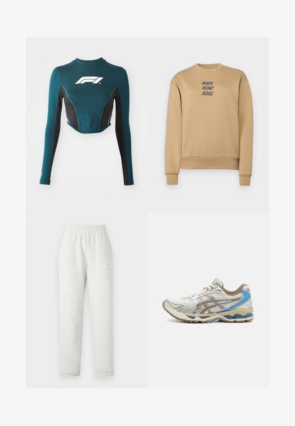 Beige sweatshirt met een geribde ronde hals, boorden en zoom. De tekst "BODY MIND SOUL" is in donkerblauw op de borst gedrukt. Zachte textuur.; Teal lange mouwen crop top met zwarte zijpanelen. Heeft een wit logo op de borst en contrasterende stiksels. Gemaakt van rekbaar materiaal.; Lichtgrijze sweatpants met een elastische tailleband, taps toelopende pijpen en ribgebreide manchetten. Gemaakt van een zachte, gestructureerde stof. Witte logodetail aan de zijkant.; Witte en beige hardloopschoen met blauwe accenten, mesh bovenwerk, gewatteerde zool en vetersluiting, getoond vanaf de buitenkant.