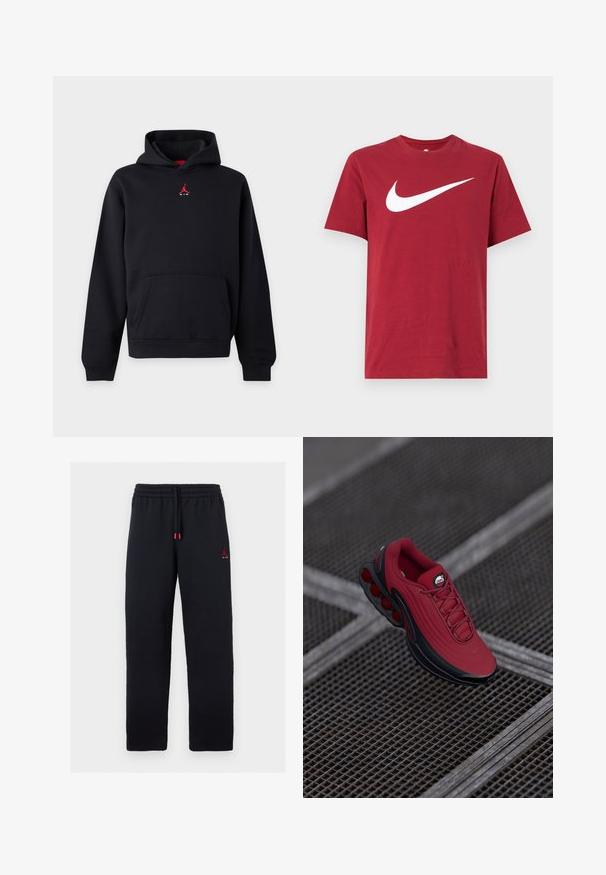 Sort hættetrøje med frontlomme og lille rød Jumpman-logo på brystet mod ensfarvet baggrund.; Rød bomulds T-shirt med korte ærmer og rund hals. Har en stor hvid Nike swoosh-logo foran. Glat tekstur, afslappet design.; Sorte joggingbukser med elastisk talje og snøre, lille rødt Jumpman-logo med teksten "AIR" på venstre lår.; Rød sneakers med en tekstureret overdel, der har sorte accenter og et fremtrædende design med luftcushioning sål. Snørebånd og logo er synlige ovenpå.