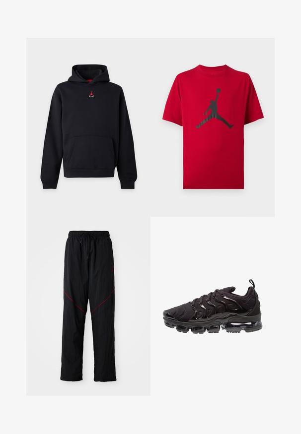 Must kapuutsiga dressipluus ees tasku ja väike punane Jumpman logo rinnal ühevärvilisel taustal.; Punane lühikeste varrukatega t-särk musta korvpallimängija siluetiga, kes hüppab ja hoiab ühes käes palli kõrgel.; Mustad mustas sportlikud püksid tekstureeritud viimistlusega, millel on paelael, punased rõhutruud ja avar lõige.; Mustad mustreejalanõud, millel on tekstureeritud kangast pealisosa, läikivad aksessuaarid ja silmapaistev õhkpadi. Omab eristuva lainelise disainiga elemente.