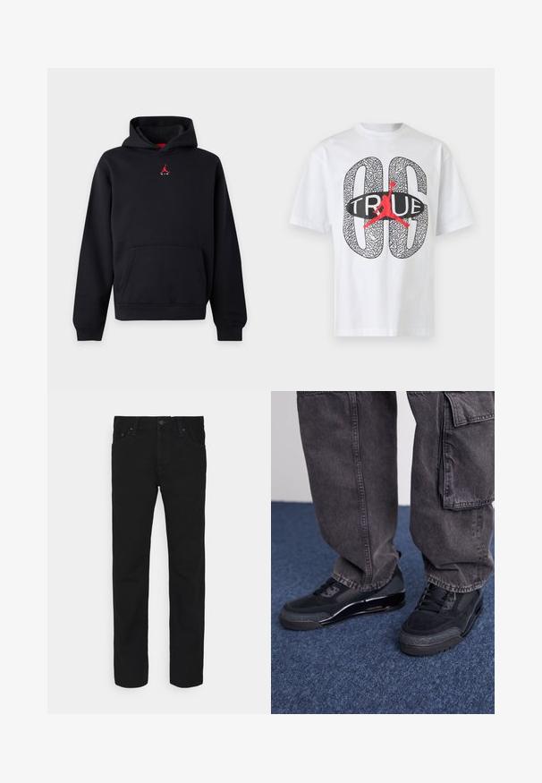 Zwarte capuchonsweater met voorzak en klein rood Jumpman-logo op de borst tegen een effen achtergrond.; Witte T-shirt met korte mouwen met grote zwarte patroon '06' en tekst 'TRUE', met een rode silhouet van een basketballer in het midden.; Zwarte rechte jeans met een knoop en rits aan de voorkant, vijf zakken ontwerp, weergegeven op een witte achtergrond.; Zwarte sportieve schoenen met een gestructureerd oppervlak, gladde accenten en een chunky zool, gecombineerd met donkere, loszittende cargo pants.