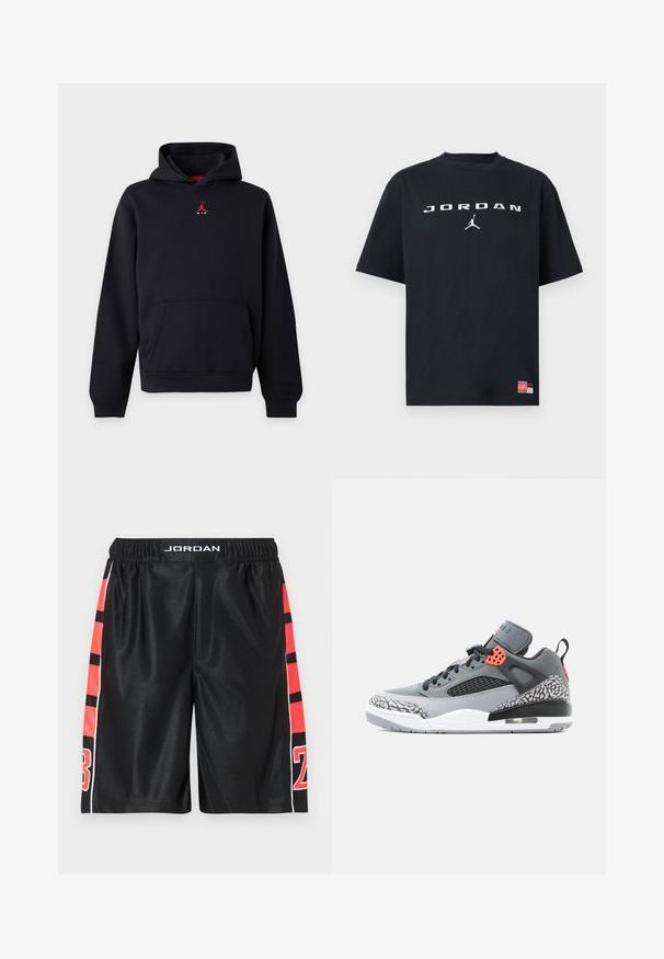 Sweat à capuche noir avec poche avant et petit logo Jumpman rouge sur la poitrine sur fond uni.; T-shirt noir à manches courtes avec le texte "JORDAN" et le logo Jumpman en blanc sur la poitrine, ainsi qu'une petite étiquette rouge et bleue près de l'ourlet.; Shorts de sport noirs à texture lisse, avec des rayures rouges et des numéros sur les côtés. Taille élastique avec le logo "JORDAN" en haut.; Baskets de sport grises et noires avec accents imprimé éléphant, lacets noirs, œillets corail, semelle à air visible et languette de tirage sur fond gris clair.