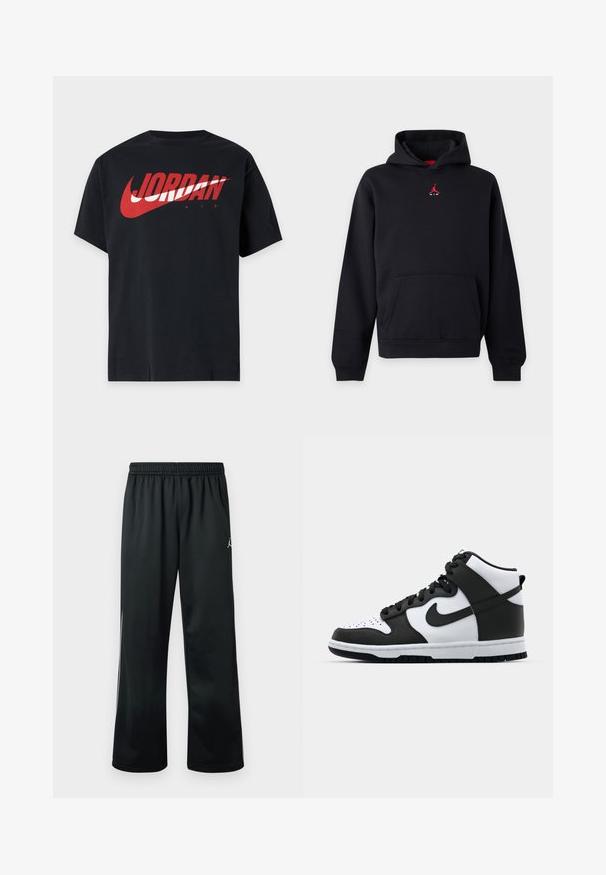 Sweat à capuche noir avec poche avant et petit logo Jumpman rouge sur la poitrine sur fond uni.; T-shirt noir à manches courtes avec un grand logo Jordan Air rouge et blanc sur la poitrine.; Pantalon de sport noir avec une taille élastique, arborant un logo blanc sur le côté supérieur et un tissu lisse et léger.; Baskets montantes noir et blanc avec tige en cuir, boîte à orteils perforée, logo swoosh proéminent et semelle en caoutchouc texturée.