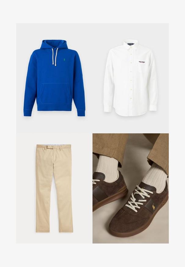 Sweat à capuche bleu avec cordons blancs, poche kangourou sur le devant, et petit logo vert brodé sur le côté gauche de la poitrine.; Chemise blanche à manches longues avec col, poche sur le côté gauche de la poitrine, et logo "Polo Sport Ralph Lauren" brodé au-dessus de la poche.; Pantalon beige à jambes droites avec passants de ceinture et braguette zippée à l'avant, posé à plat sur un fond blanc.; Baskets en daim marron avec lacets blancs portées avec des chaussettes côtelées beiges et un pantalon marron clair.
