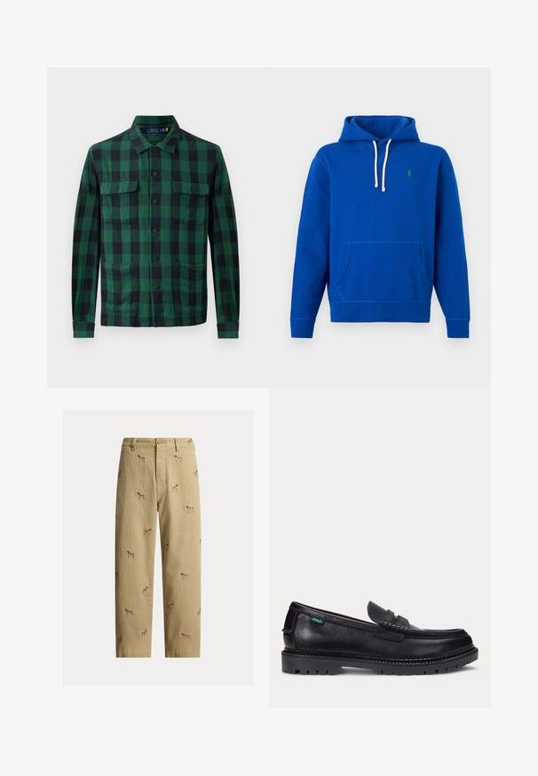 Sudadera con capucha azul con cordones blancos, bolsillo frontal tipo canguro y pequeño logo verde bordado en el pecho izquierdo.; Camisa de cuadros verde y negra, hecha de tela, con cierre de botones en la parte delantera, dos bolsillos en el pecho y mangas largas con puños abotonados.; Pantalones de pana beige con diseños bordados de perros, corte recto y estilo de cinco bolsillos con cierre de botón frontal.; Mocasín de cuero negro con suela gruesa estriada y pequeña etiqueta verde "Polo" en el lado exterior cerca del talón.