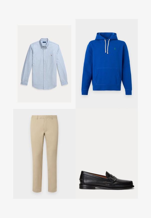 Blauwe hoodie met witte trekkoorden, voorkangoeroezak en klein groen geborduurd logo op de linkerborst.; Lichtblauw overhemd met lange mouwen, witte verticale strepen en een klein geborduurd Polo Ralph Lauren-logo op de borst.; Beige katoenen broek met een rechte snit, voorzien van riemlussen, een platte voorkant en op maat gemaakte zoom. Glad textuur en minimale details.; Zwarte leren loafer met lage hak en penny-strap detail, van opzij getoond op een lichtgrijze achtergrond.