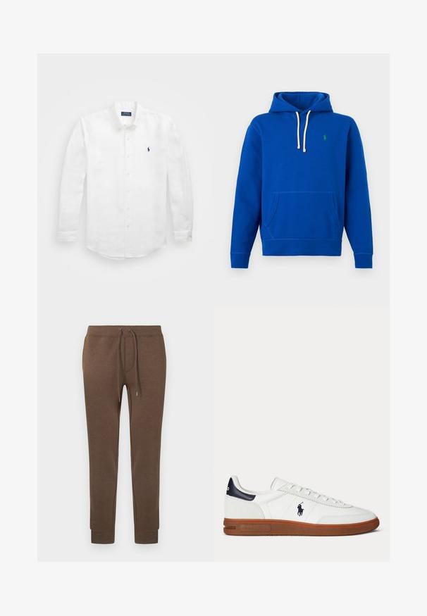 Sweat à capuche bleu avec cordons blancs, poche kangourou sur le devant, et petit logo vert brodé sur le côté gauche de la poitrine.; Chemise blanche à manches longues en coton avec un col boutonné, affichant un petit logo marine sur la poitrine gauche et un système de fermeture classique par boutons.; Pantalon de survêtement marron en matière douce et extensible, avec une taille élastique, un cordon de serrage et des poignets côtelés. Petit logo en haut à gauche.; Baskets basses blanches avec semelle marron, patch noir au talon, logo brodé d’un joueur de polo, et lacets blancs.