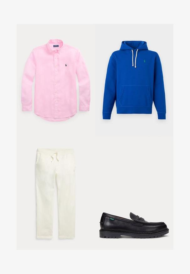 Sudadera con capucha azul con cordones blancos, bolsillo frontal tipo canguro y pequeño logo verde bordado en el pecho izquierdo.; Camisa rosa de manga larga con botones, cuello con botones y pequeño logo bordado en azul marino en el pecho izquierdo.; Pantalones deportivos color hueso con cintura elástica, bolsillos delanteros y cordón ajustable.; Mocasín de cuero negro con suela gruesa estriada y pequeña etiqueta verde "Polo" en el lado exterior cerca del talón.
