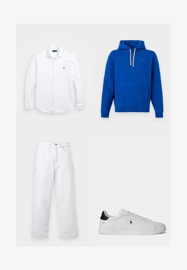 Sweat à capuche bleu avec cordons blancs, poche kangourou sur le devant, et petit logo vert brodé sur le côté gauche de la poitrine.; Chemise blanche à manches longues en coton. Caractéristiques : col classique, coupe régulière et petit logo bleu marine sur la poitrine.; Pantalon blanc taille haute à jambes droites avec passants pour ceinture, poches avant, fermeture à boutons et une poche utilitaire latérale sur un fond uni.; Baskets basses blanches avec languette de talon noire, lacets et logo Polo Ralph Lauren sur le côté, présentant des détails en relief sur la semelle.