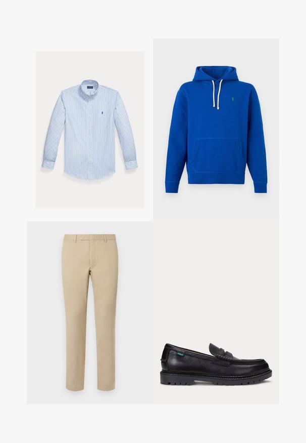Sudadera con capucha azul con cordones blancos, bolsillo frontal tipo canguro y pequeño logo verde bordado en el pecho izquierdo.; Camisa de manga larga azul claro con rayas blancas verticales, cuello abotonado y un pequeño logo en el bolsillo izquierdo del pecho.; Pantalones de algodón beige con corte recto, que cuentan con presillas para cinturón, frente plano y dobladillos ajustados. Textura suave y detalles mínimos.; Mocasín de cuero negro con suela gruesa estriada y pequeña etiqueta verde "Polo" en el lado exterior cerca del talón.