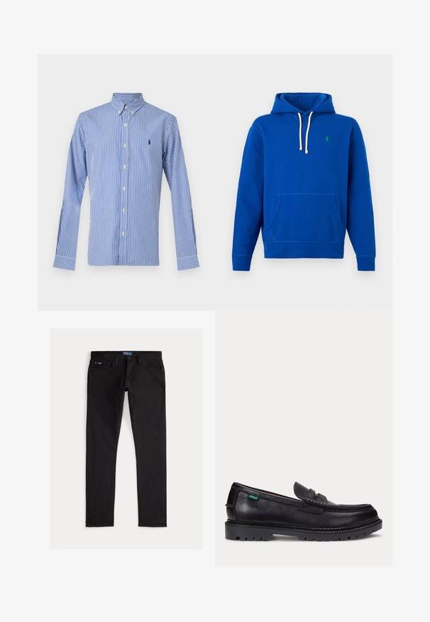 Blauer Hoodie mit weißen Kordeln, Fronttasche und kleinem grünem gesticktem Logo auf der linken Brust.; Blau-weiß gestreiftes, langärmliges Hemd mit Knopfleiste, knöpfbarem Kragen und einem kleinen marineblauen, gestickten Logo auf der linken Brust.; Schwarze Slim-Fit-Denimjeans mit fünf Taschen, Gürtelschlaufen und einem blauen Markentag am Bund. Glatter, strapazierfähiger Stoff.; Schwarzer Lederloafer mit dicker Profilsohle und kleinem grünen "Polo"-Etikett an der Außenseite nahe der Ferse.