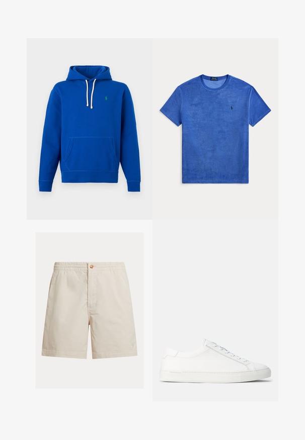 Blauer Hoodie mit weißen Kordeln, Fronttasche und kleinem grünem gesticktem Logo auf der linken Brust.; Kurzärmeliges blaues Frottee-T-Shirt mit Rundhalsausschnitt und kleinem gesticktem Logo auf der linken Brust.; Helle beige Herrenshorts aus Baumwollmischung, mit einem elastischen Bund, einem Knopfverschluss und einem einzelnen Logo nahe dem Saum.; Weiße Leder-Sneaker mit glatter Textur, abgerundeter Form, flacher Gummisohle und weißen Schnürsenkeln. Verfügt über ein minimalistisches Design und dezente Markenkennzeichnung.