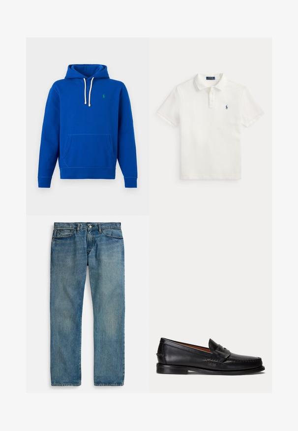 Sweat à capuche bleu avec cordons blancs, poche kangourou sur le devant, et petit logo vert brodé sur le côté gauche de la poitrine.; Polo blanc Ralph Lauren à manches courtes, trois boutons et un petit logo cheval bleu marine sur la poitrine gauche.; Jean en denim bleu clair avec une coupe droite, comprenant cinq poches, une fermeture à bouton, et un délavage subtil pour la texture.; Mocassin en cuir noir avec un petit talon et une bride penny, vu de côté sur un fond gris clair.