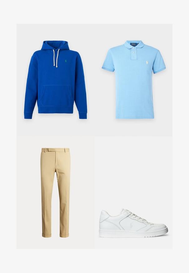 Blå hættetrøje med hvide snore, frontlomme og lille grønt broderet logo på venstre bryst.; Lyseblå poloshirt lavet af bomuld, med klassisk krave, korte ærmer, tre-knaps lukning og et broderet logo på brystet.; Herre beige skræddersyede bukser med bæltestropper og opbuk ved benene, vist mod en ensartet lys baggrund.; Hvide lædersneakers med en glat tekstur, der har en perforeret tå, snørebåndslukning og broderet logo på siden. Hvid gummisål.
