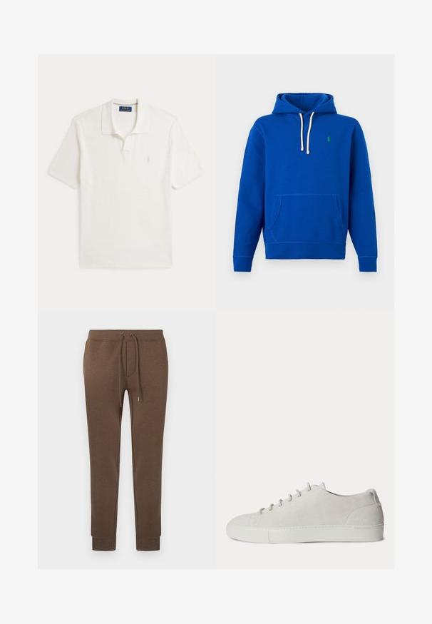 Sudadera con capucha azul con cordones blancos, bolsillo frontal tipo canguro y pequeño logo verde bordado en el pecho izquierdo.; Polo blanco de manga corta con cuello y pequeño logo bordado en el pecho izquierdo, etiqueta de la marca en el interior del cuello.; Pantalones deportivos marrones de un material suave y elástico con cinturilla elástica, cordón y puños acanalados. Pequeño logo en la parte superior izquierda.; Zapatilla blanca de ante bajo con cordones delanteros y suela de goma, diseño minimalista.