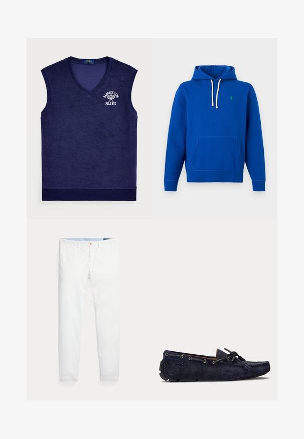 Blauer Hoodie mit weißen Kordeln, Fronttasche und kleinem grünem gesticktem Logo auf der linken Brust.; Seegrüne ärmellose Poloshirt aus Frottee-Material; verfügt über einen V-Ausschnitt, gerippten Kragen und ein weißes Logo mit Tennisschlägern.; Weiße Baumwoll-Chinos mit schmaler Passform, ausgestattet mit einem einzigen goldfarbenen Knopfverschluss und einem hellblauen inneren Bund. Glatte Textur ohne Muster.; Marineblaue Wildleder-Mokassin-Hausschuhe mit Lederschnürsenkeln und Gummisohlenprofil, seitlich auf neutralem Hintergrund abgebildet.
