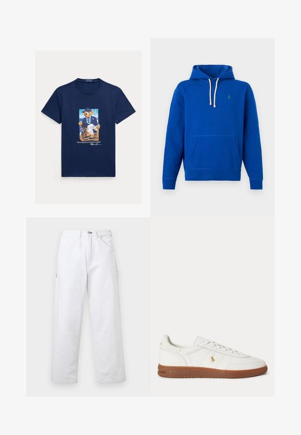 Sweat à capuche bleu avec cordons blancs, poche kangourou sur le devant, et petit logo vert brodé sur le côté gauche de la poitrine.; T-shirt bleu marine avec un motif représentant un ours vêtu d’une veste rayée, d’un pantalon blanc et d’une casquette, assis sur une chaise sur le pont d’un bateau.; Pantalon blanc taille haute à jambes droites avec passants pour ceinture, poches avant, fermeture à boutons et une poche utilitaire latérale sur un fond uni.; Baskets basses blanches avec semelle marron, lacets à l'avant, et petit logo doré Polo Ralph Lauren sur le côté.