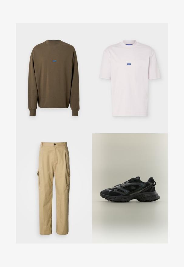 Braunes Sweatshirt mit langen Ärmeln, Rippstrickbund am Kragen und an den Ärmelabschlüssen. Auf der Brust befindet sich ein blaues rechteckiges Logo-Patch. Weiches Baumwollmaterial.; Schlichtes hellrosa T-Shirt mit kurzen Ärmeln, einem kleinen blauen "HUGO"-Logo mittig auf der Brust und einem gerippten Rundhalsausschnitt.; Beige Cargo-Hosen aus strapazierfähigem Stoff, mit lockerem Schnitt, Seitentaschen und Knopfverschluss an der Taille.; Schwarzer Sportschuh mit Netz панели, einer strukturierten Sohle, Schnürsenkeln und einer geschwungenen Silhouette mit silbernen Akzenten an den Seiten.